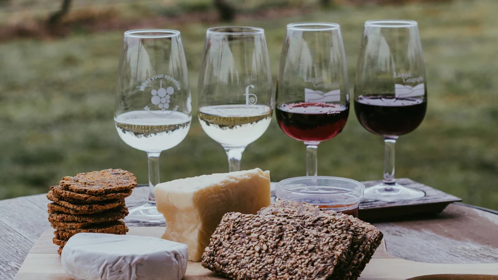 Vier Weingläser mit Weiß- und Rotwein neben Käse und Brot auf einem Holzbrett im Weinberg