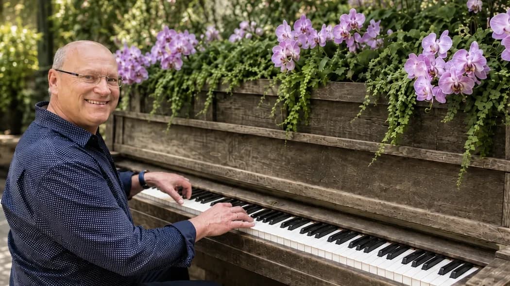 Josef Weimert lächelt am Klavier, umgeben von blühenden Orchideen